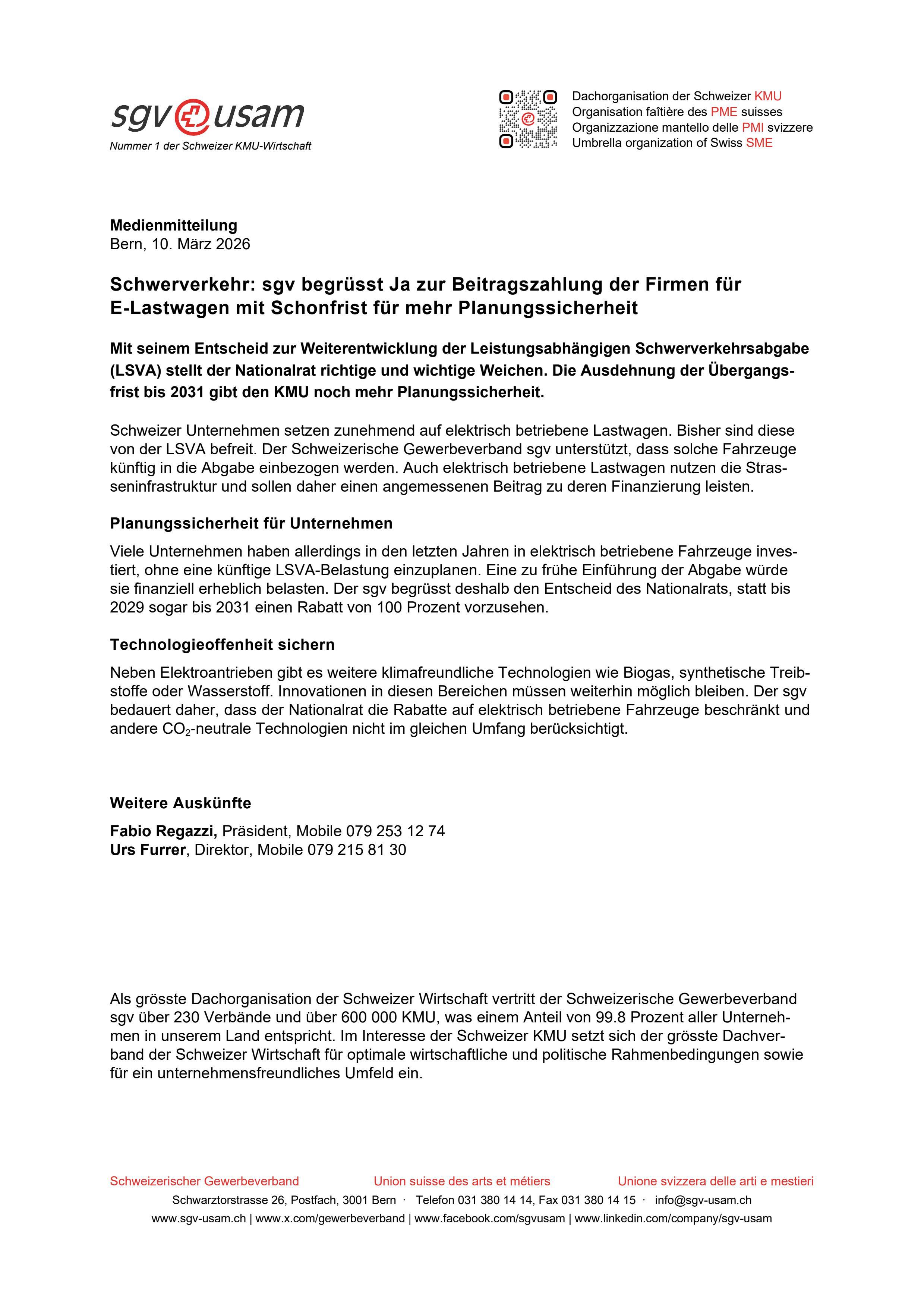 Schwerverkehr: sgv begrüsst Ja zur Beitragszahlung der Firmen für E-Lastwagen mit Schonfrist für mehr Planungssicherheit